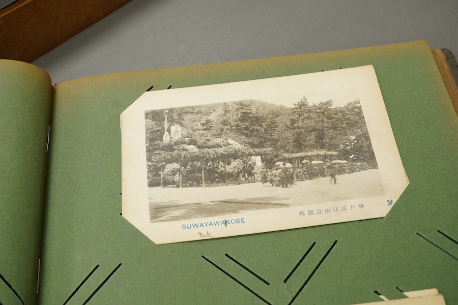 An early 20th century photograph and postcard album of Chinese and Japanese scenes, together with some negatives, etc.